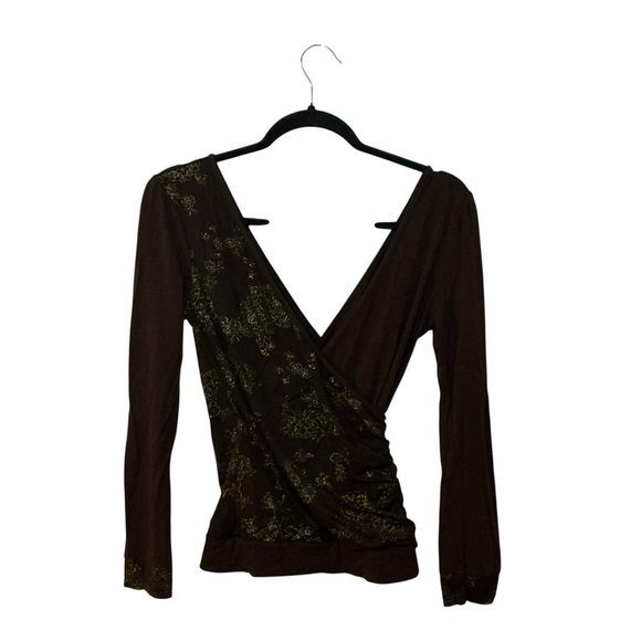 Y2K Brown Long Sleeve Top With Gold Print - Picture 1 of 4